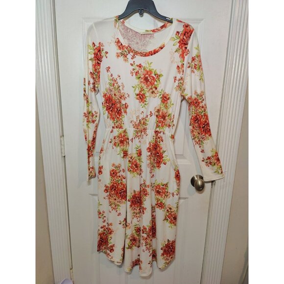 Reborn J Floral Red white Long-Sleeve Blouson Midi Dress W Pockets L - Picture 2 of 7